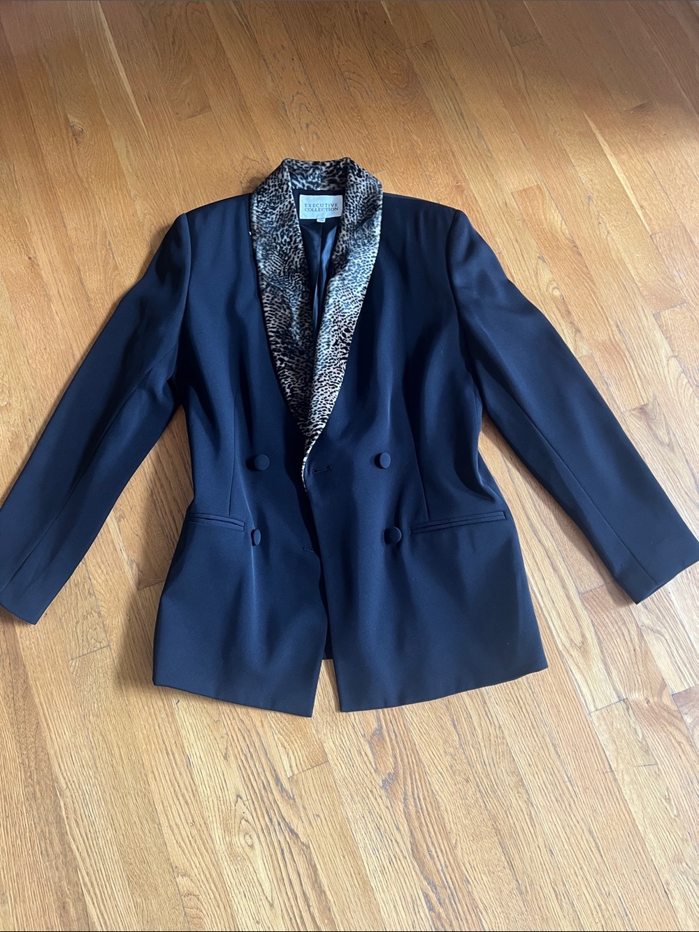 Black Double-Breasted Blazer with Leopard-Print Shawl Collar